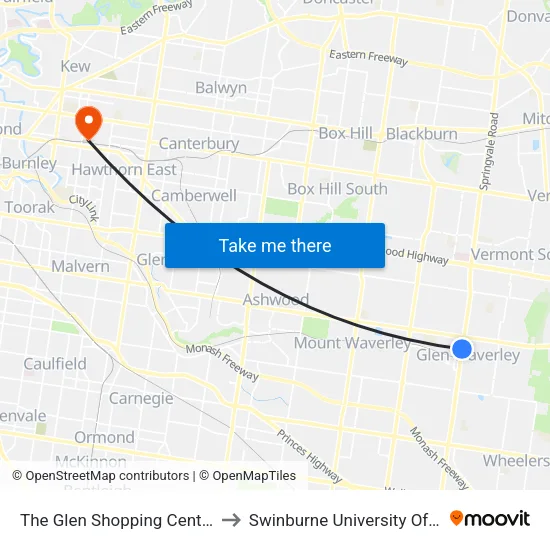 The Glen Shopping Centre/Springvale Rd to Swinburne University Of Technology (Hawthorn Campus) map