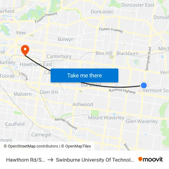 Hawthorn Rd/Springvale Rd to Swinburne University Of Technology (Hawthorn Campus) map