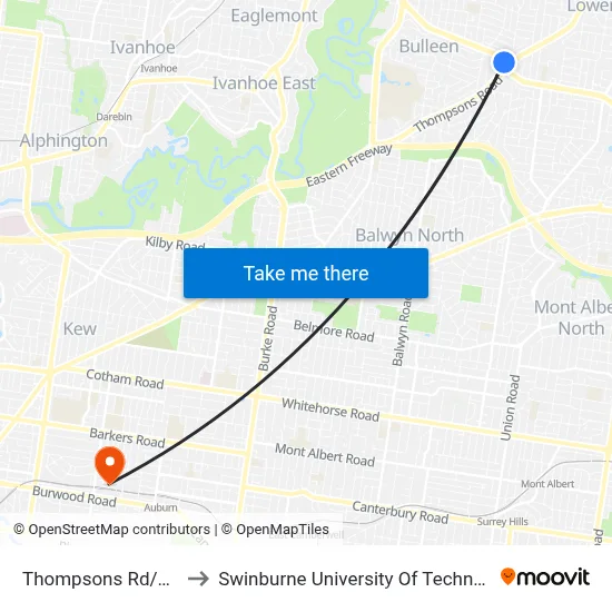 Thompsons Rd/Manningham Rd to Swinburne University Of Technology (Hawthorn Campus) map