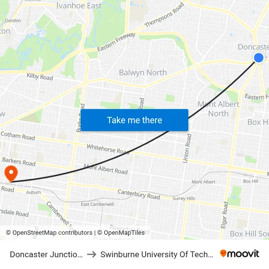 Doncaster Junction/Williamsons Rd to Swinburne University Of Technology (Hawthorn Campus) map