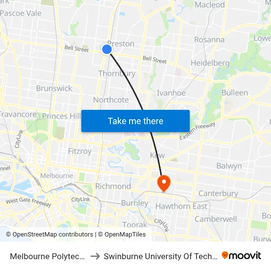 Melbourne Polytechnic/St Georges Rd to Swinburne University Of Technology (Hawthorn Campus) map