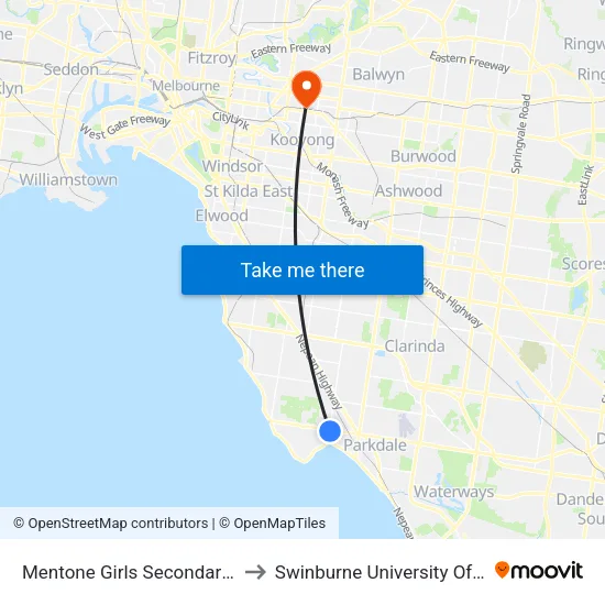 Mentone Girls Secondary College/Charman Rd to Swinburne University Of Technology (Hawthorn Campus) map