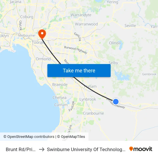 Brunt Rd/Princes Hwy to Swinburne University Of Technology (Hawthorn Campus) map