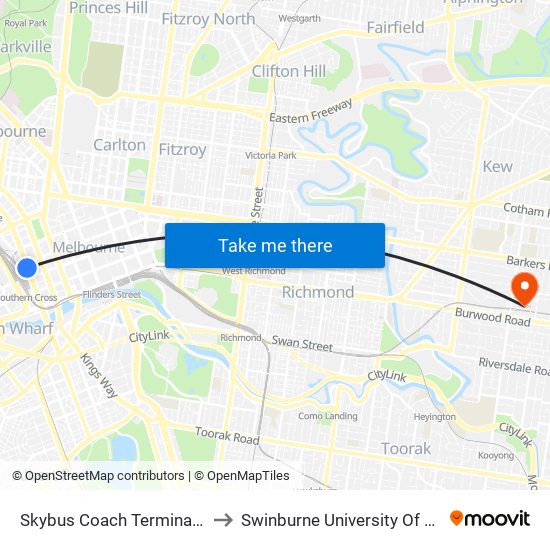 Skybus Coach Terminal/Spencer St (Melbourne City) to Swinburne University Of Technology (Hawthorn Campus) map