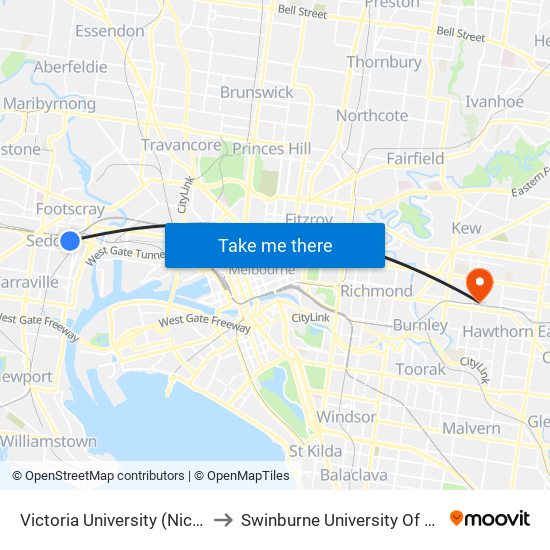 Victoria University (Nicholson)/Albert St (Footscray) to Swinburne University Of Technology (Hawthorn Campus) map