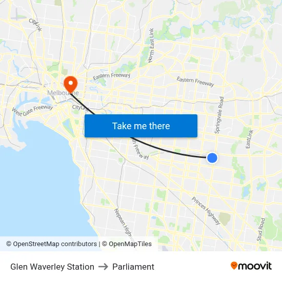 Glen Waverley Bus Interchange to Parliament map