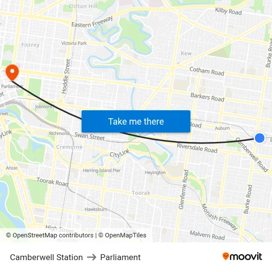 Camberwell Station to Parliament map