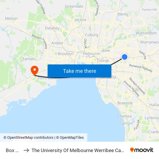 Box Hill to The University Of Melbourne Werribee Campus map