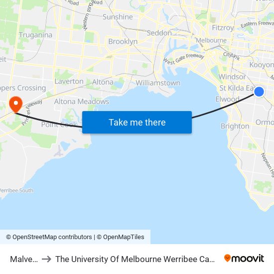 Malvern to The University Of Melbourne Werribee Campus map