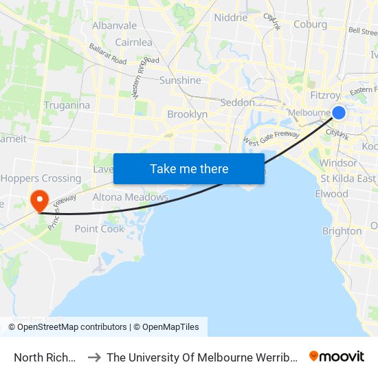 North Richmond to The University Of Melbourne Werribee Campus map