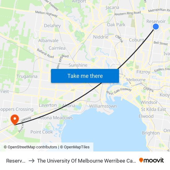 Reservoir to The University Of Melbourne Werribee Campus map