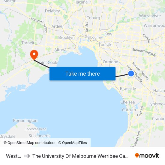 Westall to The University Of Melbourne Werribee Campus map