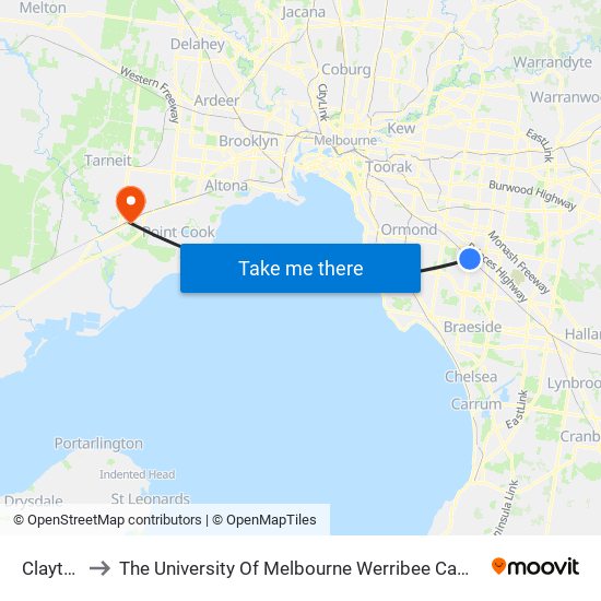 Clayton to The University Of Melbourne Werribee Campus map