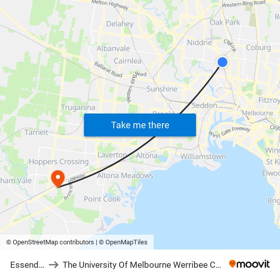 Essendon to The University Of Melbourne Werribee Campus map