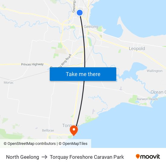 North Geelong to Torquay Foreshore Caravan Park map