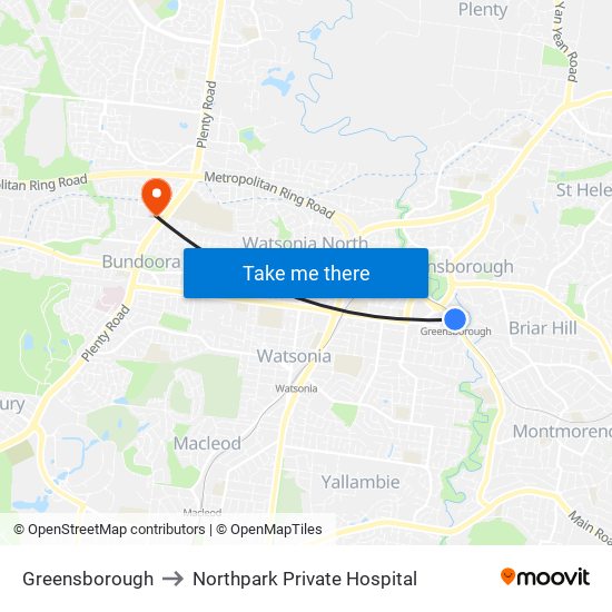 Greensborough to Northpark Private Hospital map