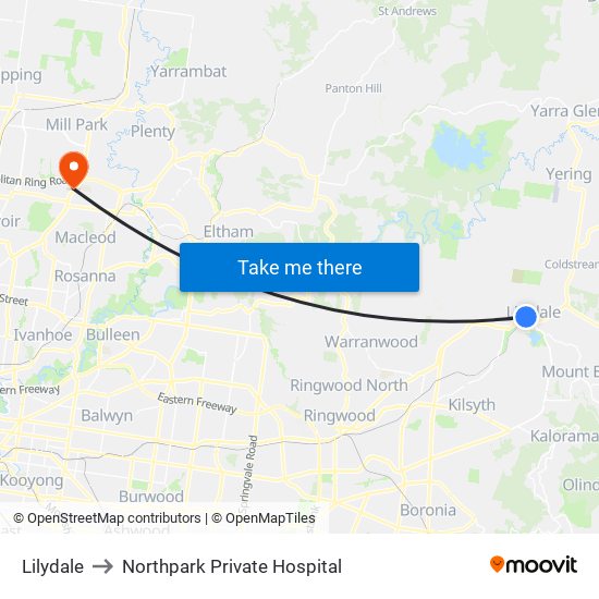 Lilydale to Northpark Private Hospital map