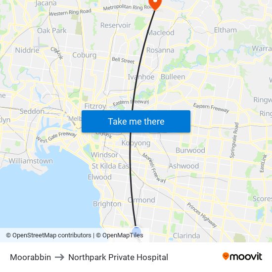 Moorabbin to Northpark Private Hospital map