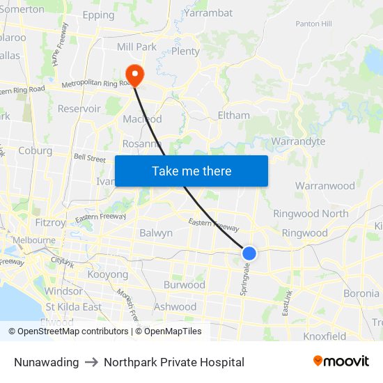 Nunawading to Northpark Private Hospital map