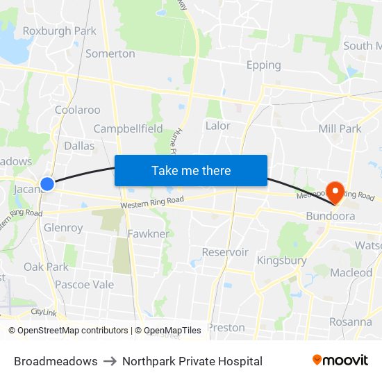 Broadmeadows to Northpark Private Hospital map