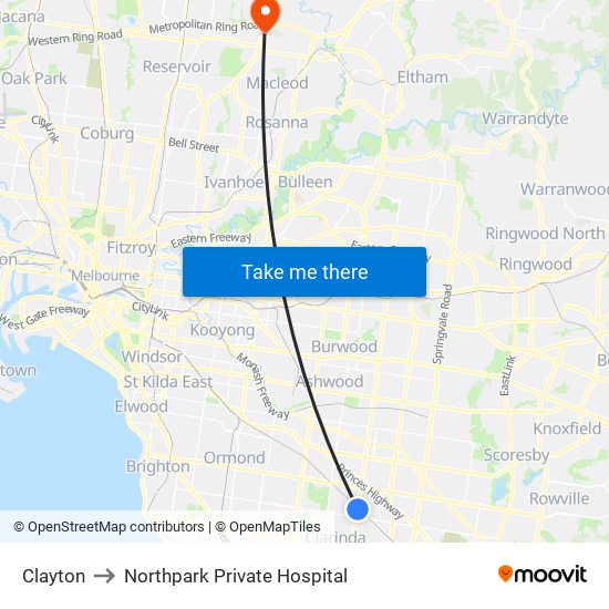 Clayton to Northpark Private Hospital map