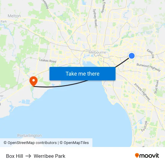Box Hill to Werribee Park map