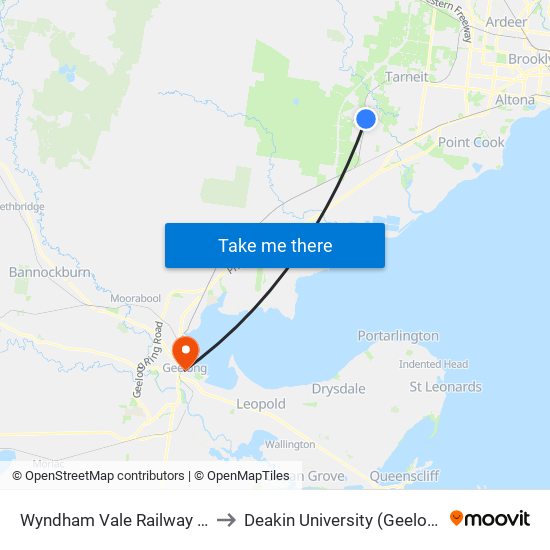 Wyndham Vale Railway Station (Manor Lakes) to Deakin University (Geelong Waterfront Campus) map