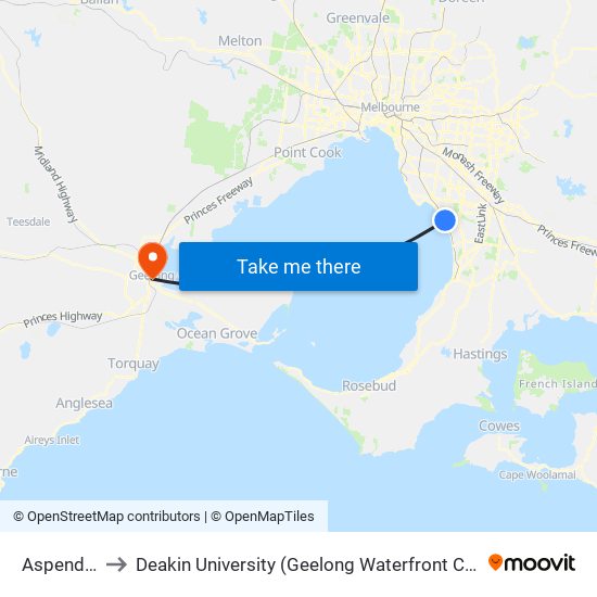 Aspendale to Deakin University (Geelong Waterfront Campus) map