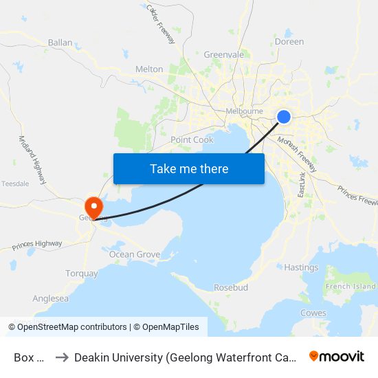 Box Hill to Deakin University (Geelong Waterfront Campus) map