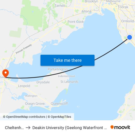 Cheltenham to Deakin University (Geelong Waterfront Campus) map