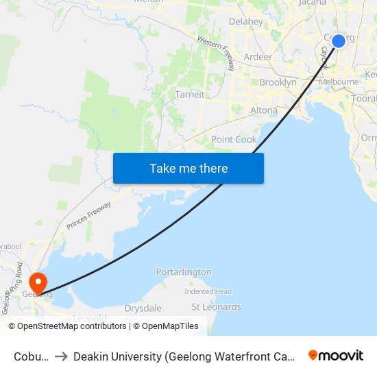 Coburg to Deakin University (Geelong Waterfront Campus) map