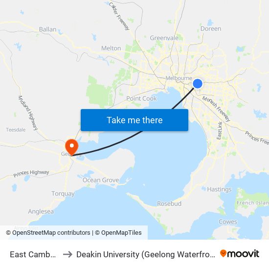 East Camberwell to Deakin University (Geelong Waterfront Campus) map