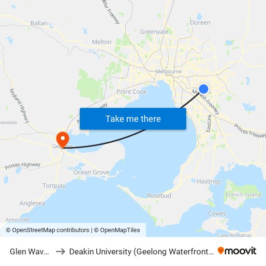 Glen Waverley to Deakin University (Geelong Waterfront Campus) map