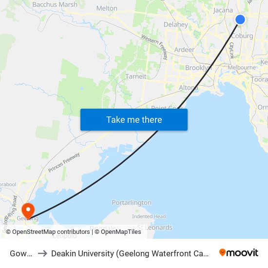 Gowrie to Deakin University (Geelong Waterfront Campus) map