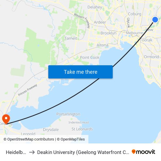 Heidelberg to Deakin University (Geelong Waterfront Campus) map