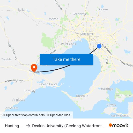 Huntingdale to Deakin University (Geelong Waterfront Campus) map