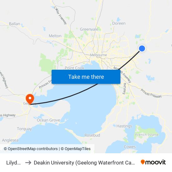 Lilydale to Deakin University (Geelong Waterfront Campus) map