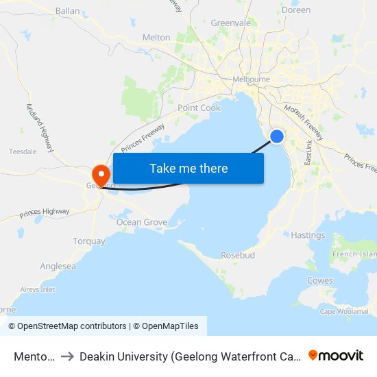Mentone to Deakin University (Geelong Waterfront Campus) map