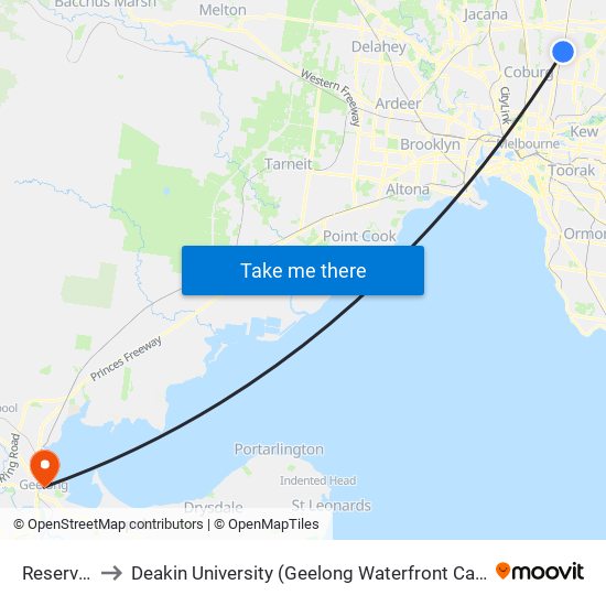 Reservoir to Deakin University (Geelong Waterfront Campus) map