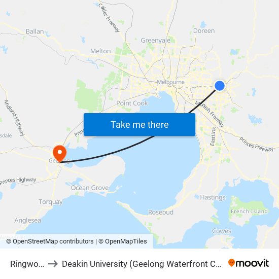 Ringwood to Deakin University (Geelong Waterfront Campus) map