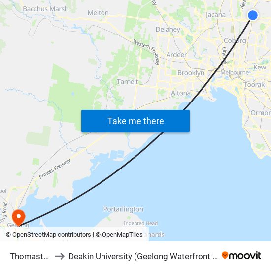 Thomastown to Deakin University (Geelong Waterfront Campus) map