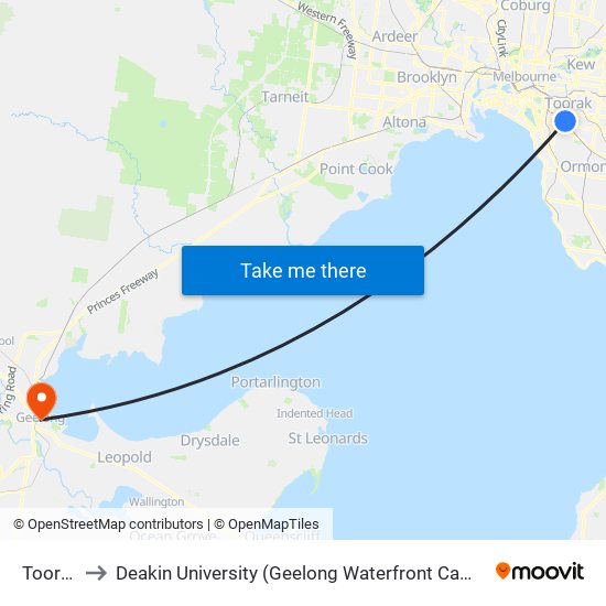 Toorak to Deakin University (Geelong Waterfront Campus) map