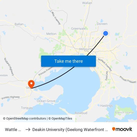 Wattle Glen to Deakin University (Geelong Waterfront Campus) map