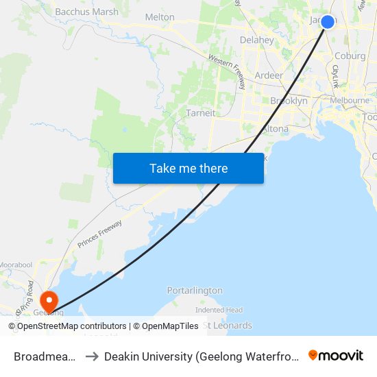 Broadmeadows to Deakin University (Geelong Waterfront Campus) map