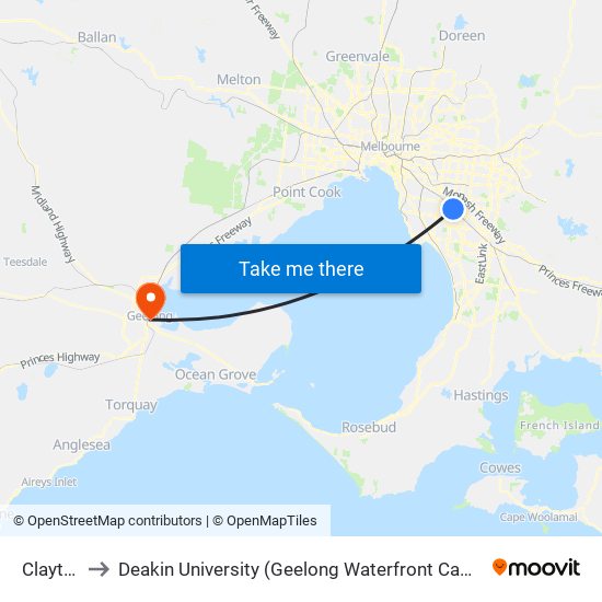 Clayton to Deakin University (Geelong Waterfront Campus) map