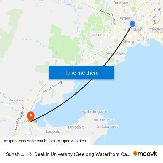 Sunshine to Deakin University (Geelong Waterfront Campus) map