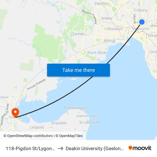 118-Pigdon St/Lygon St (Carlton North) to Deakin University (Geelong Waterfront Campus) map