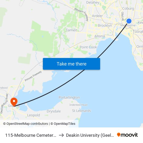 115-Melbourne Cemetery/Lygon St (Carlton North) to Deakin University (Geelong Waterfront Campus) map