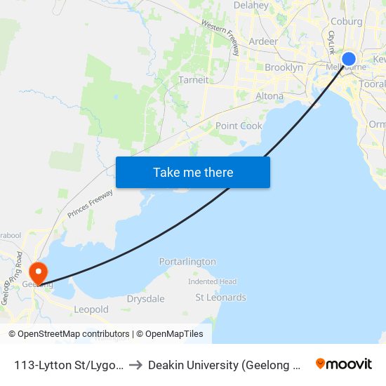 113-Lytton St/Lygon St (Carlton) to Deakin University (Geelong Waterfront Campus) map