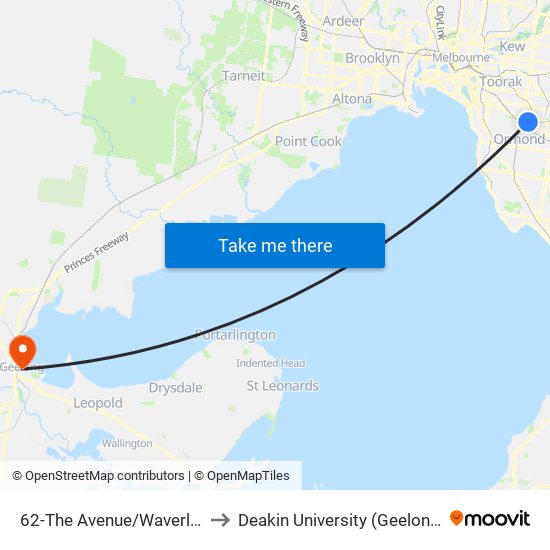 62-The Avenue/Waverley Rd (Malvern East) to Deakin University (Geelong Waterfront Campus) map